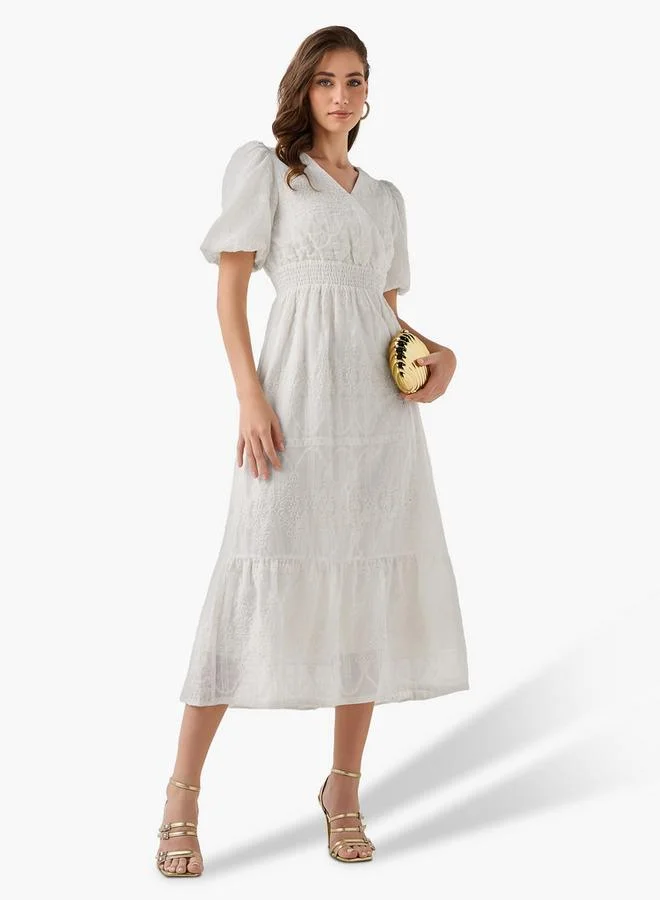 2Xtremz 2Xtremz Midi Dress with Puff Sleeves and Embroidery